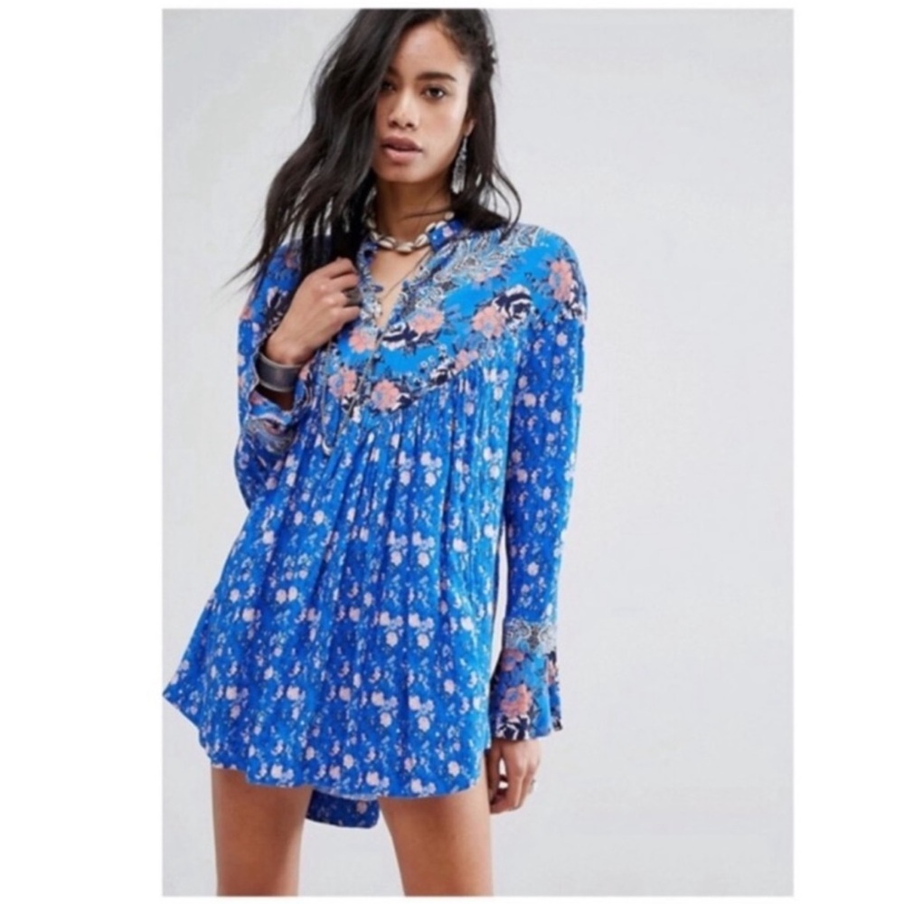 Free People Blue Wildflower Fields Oversized Tunic Shirt Top Boho Flowy